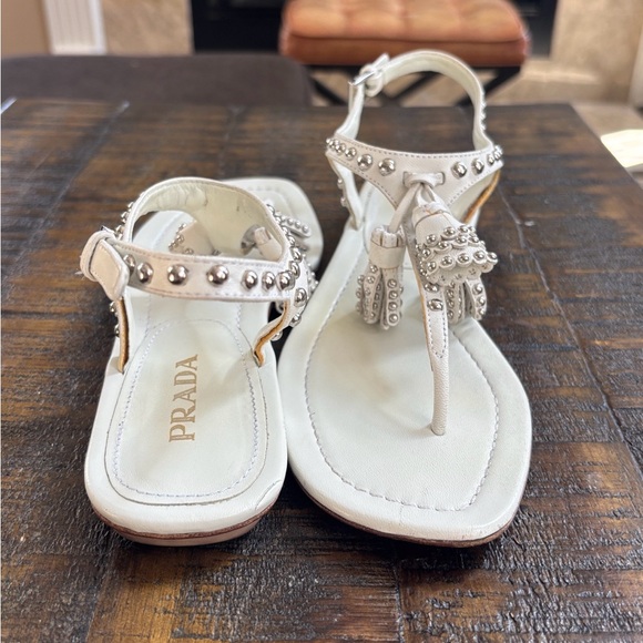Prada CLASSIC Cream Studded Women's Sandals - Picture 4 of 6
